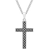 Men's Stainless Steel Black Finish Braided Cross Pendant, 24" Curb Chain