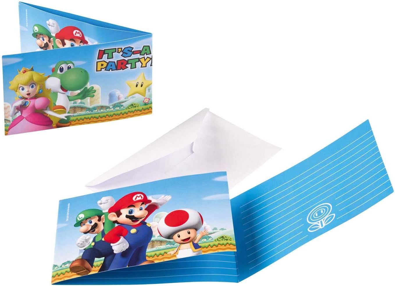 Amazon Com Amscan Invitation Cards Super Mario Pack Of 8 Size 7 9 X 14 1 Cm Cards With White Envelopes Invitation Mario Luigi Princess Super Mario World Birthday Theme Party Carnival Toys Games