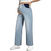 BLENCOT Women's Maternity Jeans High Waisted Drawstring Stretchy Straight Leg Pregnancy Denim Pants