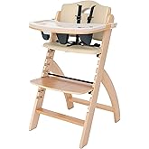 Abiie Beyond Junior Wooden High Chair with Tray - Adjustable and Convertible High Chair for Babies and Toddlers - 6 Months to 250 Lb - Water Resistant - Natural Wood with Beige Cushion