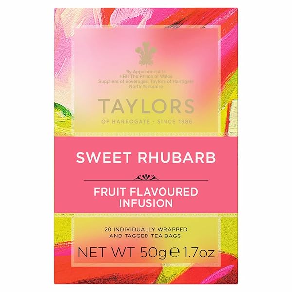 TAYLORS OF HARROGATE SWEET RHUBARB, HERBAL TEA, INDIVIDUALLY WRAPPED BAGS, 20 COUNT (PACK OF 1), VIBRANT, REFRESHING AND SWEET, CAFFEINE-FREE, ENJOY HOT OR ICED, 20 TEABAGS