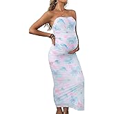 SKAYS Women's Maternity Maxi Bodycon Dresses Floral Printed Strapless Tube Top Slit Party Casual Elegant Long Dress