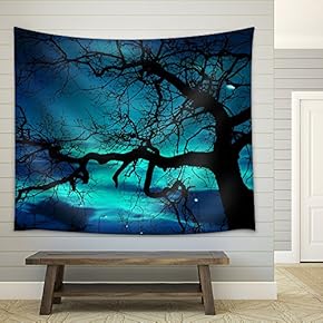 Disquieting Landscape, Bare Tree and Street Lamp at Halloween Night, with Strange Light on The Dark Sky - Fabric Wall Tapestry Home Decor - 51x60 inches