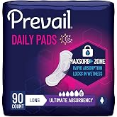 Prevail Plus | Long Length Incontinence Bladder Control Pads | Ultimate Absorbency | 90 Count (2 packs or 45)