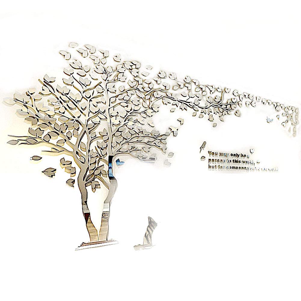 XMSJSIY Tree Birds 3D Wall Decals Mirror Wall Stickers Tattoos Wall Decor 79inch Tall (Large 3.5x2.1, Silver)