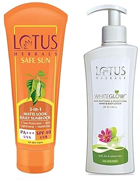 Lotus Herbals Safe Sun 3-In-1 Matte Look Daily Sunblock SPF-40, 50g & Herbals White Glow Skin Whitening and Brightening SPF-25 Hand and Body Lotion, 300ml Combo
