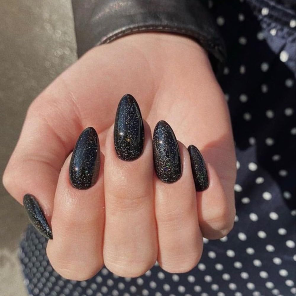 Modelones 32Pcs Sparkle Black Press on Nails Almond, Glitter Short Almond Fake Nails, Reusable Nail Kit with Nail Glue Adhesive Tabs Mini Nail File, Nails Press Ons 16 Sizes - Image 2