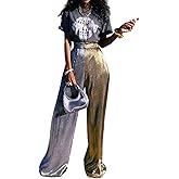 Orinyou Women Wide Leg Pants Shiny High Waist Flowy Metallic Color Contrast Palazzo Pants Loose Trousers