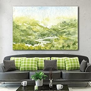 Watercolor Style Mountain Valley Green Grass in Spring