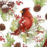 IHR Ideal Home Range Cocktail Disposable 3-Ply Paper Beverage Napkins, 5" x 5", Cardinals in Holly