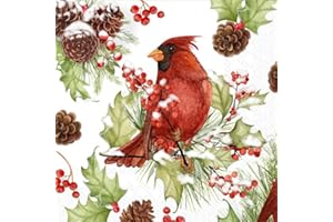 IHR Ideal Home Range Cocktail Disposable 3-Ply Paper Beverage Napkins, 5" x 5", Cardinals in Holly