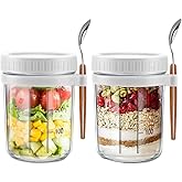 CGHWBEA Overnight Oats Containers with lids and spoon Set of 2 Jars 12oz Airtight Container with Measurement Marks, Reusable On The Go Cups for Cereal Yogurt, Milk, Salads, Fruit(White)