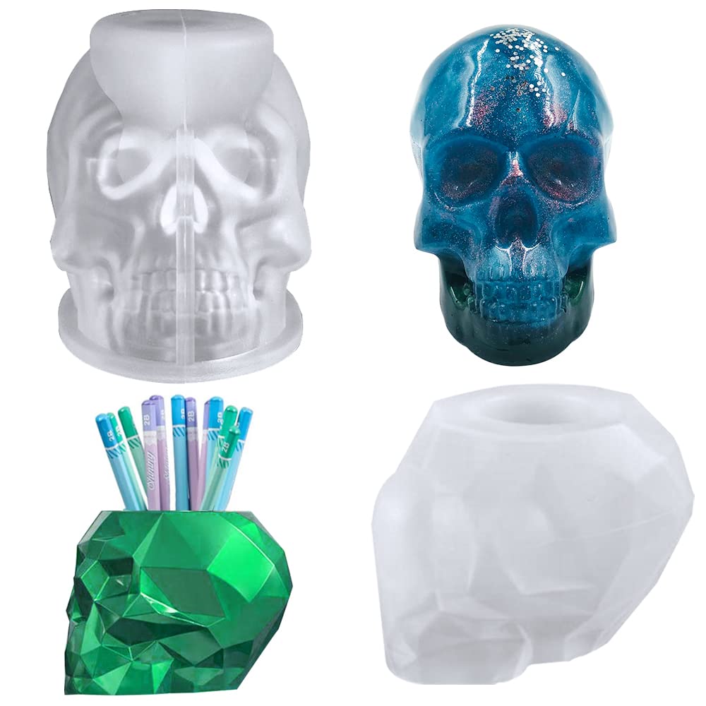 FineGood 2 Pcs Skull Resin Moulds, Large Silicone Moulds for DIY Storage, Candle Making, Makeup Brush Pen Holder
