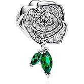 Doyafer Diamond Studded Rose Green Leaf Pendant 925 Sterling Silver Charm Compatible with Women's Bracelet Necklace Pendant for Mother's Gift