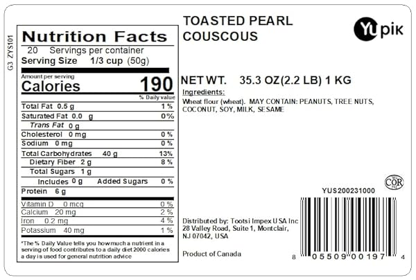 YUPIK TOASTED PEARL COUSCOUS, 2.2 LB, CANADIAN, VEGAN, KOSHER, CHOLESTEROL-FREE, SODIUM-FREE, GOOD SOURCE OF PROTEIN & FIBER, PERFECT FOR SOUP, SALAD AND SIDE DISHES