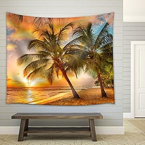 Beautiful Sunset Over The Sea with a View at Palms on The White Beach on a Caribbean Island of Barbados - Fabric Wall Tapestry Home Decor - 51x60 inches