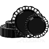 COLOSUS 60pcs Black Plastic Plates Set,Fancy Baroque Plates,Elegant Lace Rim Disposable Plates,Plastic Plate for Party include 30 Dinner plates and 30 Dessert plates for New Year,Party,Wedding