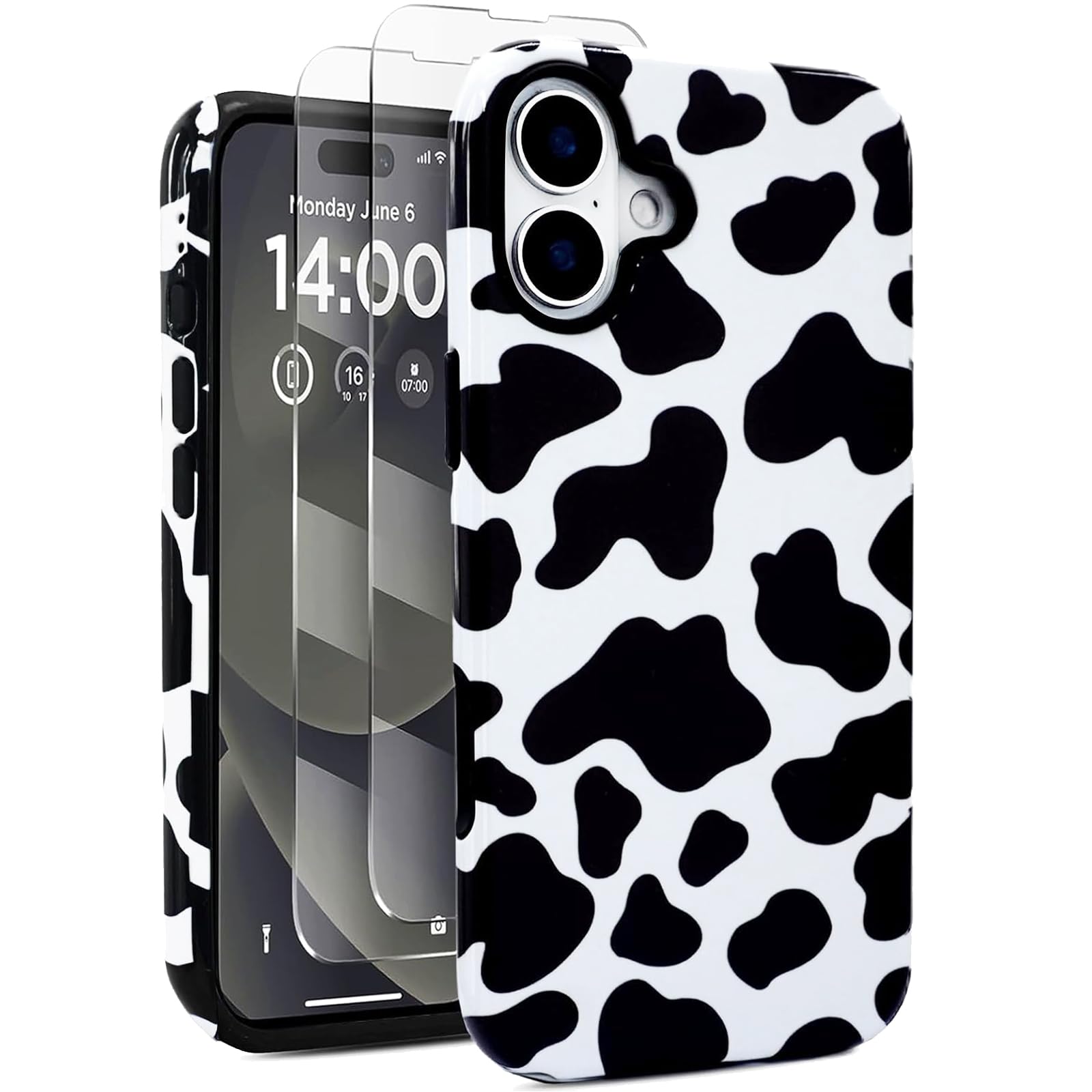 J.west Compatible with iPhone 16 Case 6.1 inch with 2 Pack Tempered Glass Screen Protectors Cute Animal Hybrid Cover for Girls Women Protective Cow Print Design Phone Cases
