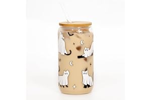 Joyseller Halloween Iced Coffee Can Glass, 18oz Halloween Cute Ghost Cat Glass Cup with Lid and Straw, Halloween Tumbler Beer Can Glass, Halloween Gifts, Halloween Decorations