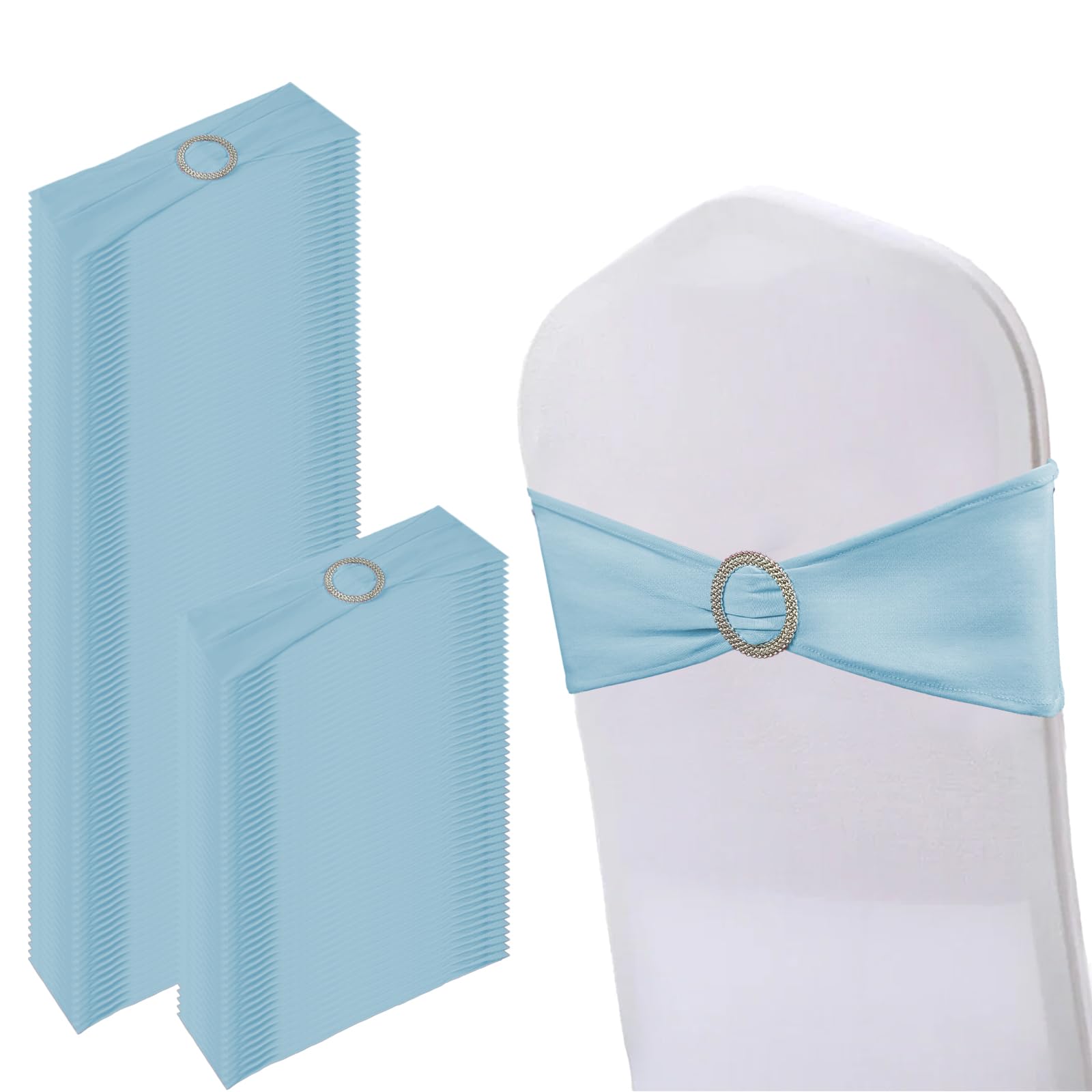 Photo 1 of 150 Pack Spandex Stretch Chair Sashes Bows, Elastic Stretch Chair Cover Bands Ties with Buckle Slider for Wedding Party Ceremony Reception Event Banquet Decoration (Sky Blue)