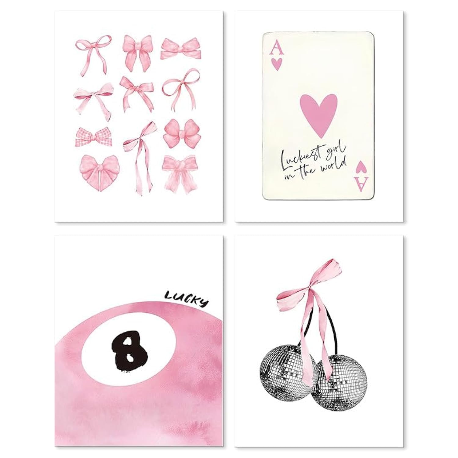 Kepuarm 4Pcs Framed Preppy Wall Decor Art - Coquette Room Decor, Preppy Room Decor, Pink Bow 8 Ball Disco Ball Cherry Wall Decor Posters for Teen Girls Dorm Bedroom Decorations 8x10in (Pink)