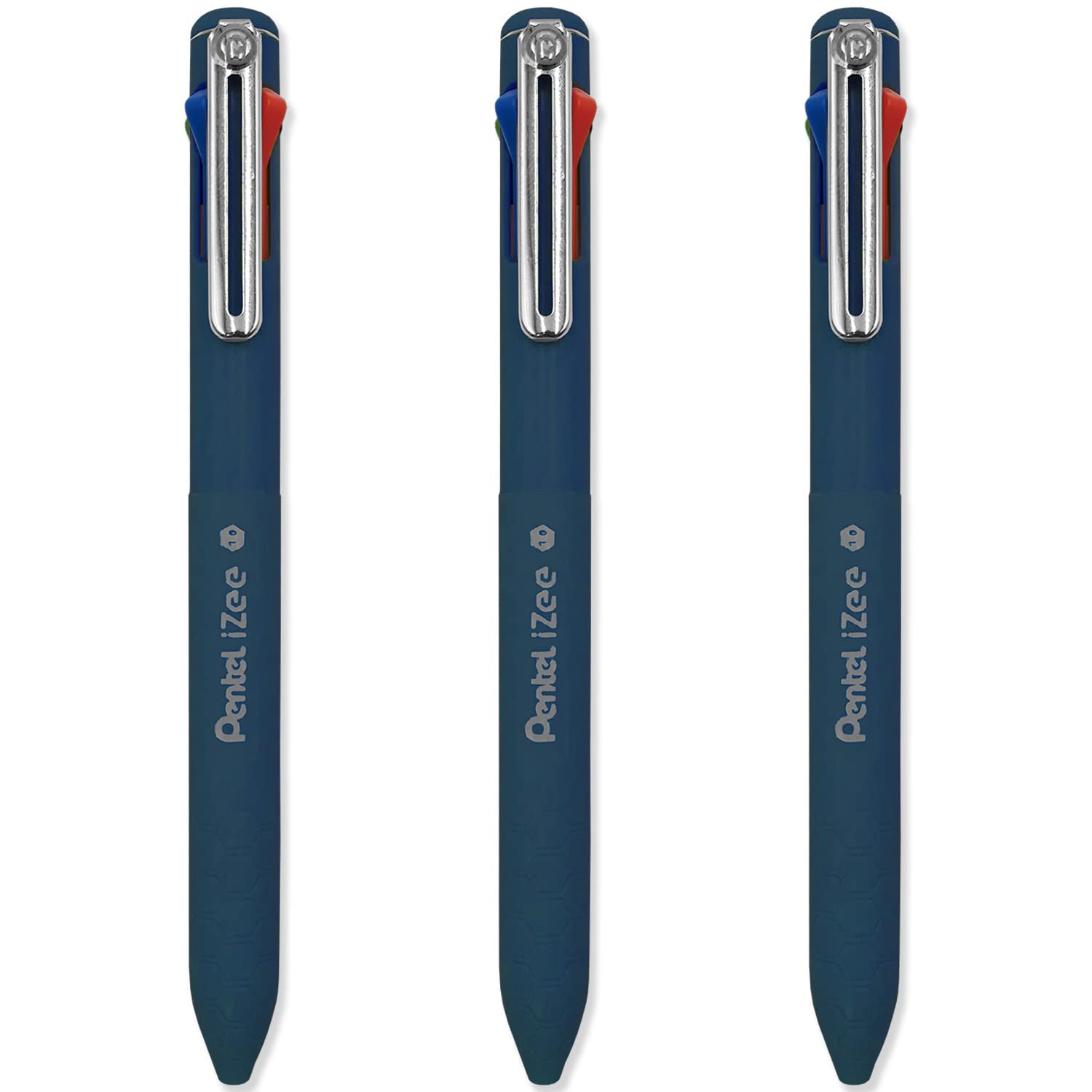 Pentel iZee 4 Colour Ballpoint Pen - Deep Blue Barrel - Multi Ink - Black, Blue, Red & Green Ink - Pack of 3