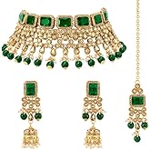 Aheli Kundan and Simulated Colored Stones Indian Ethnic Maang Tikka Necklace and Earrings Set Bollywood Festive Statement Jewelry Gift for Women