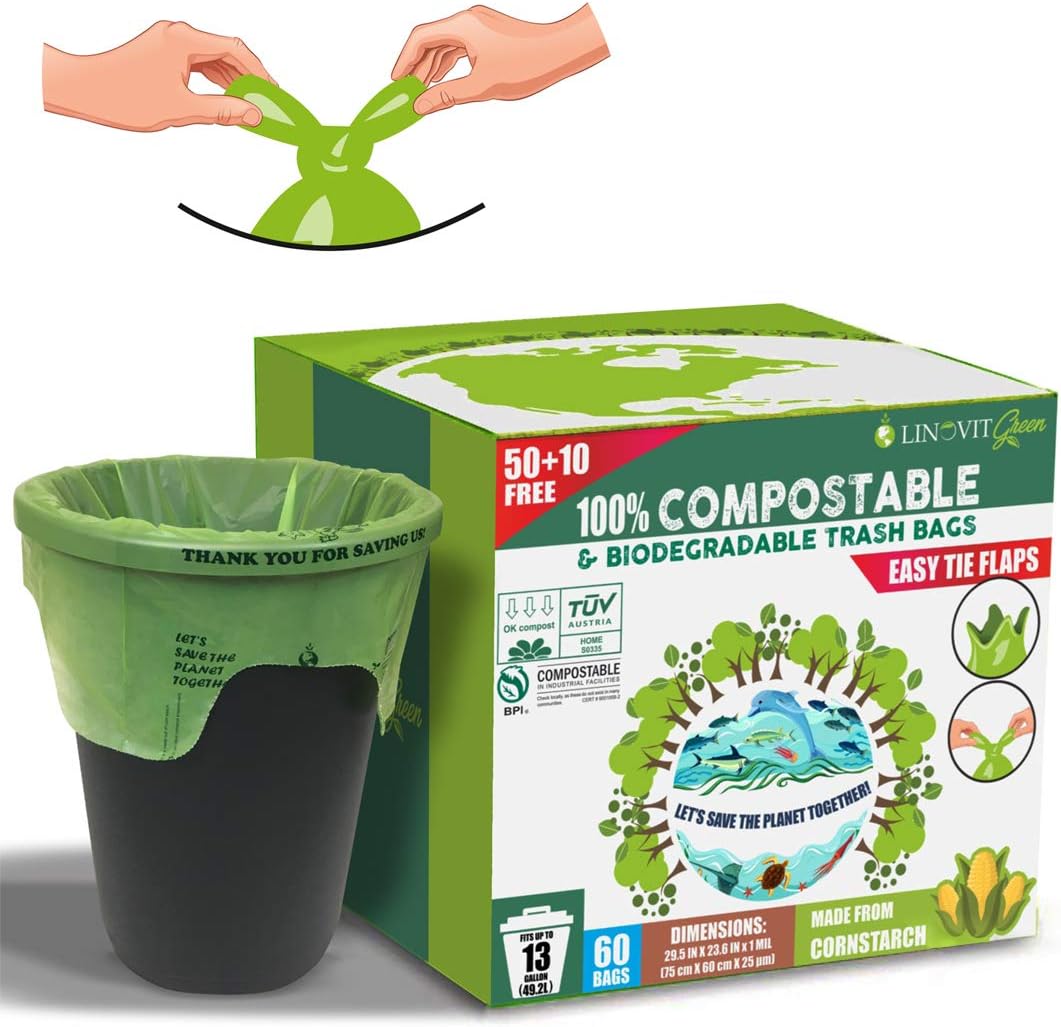 100 Compostable Trash Bags, 13 Gallon, 49.2 Liter, 60