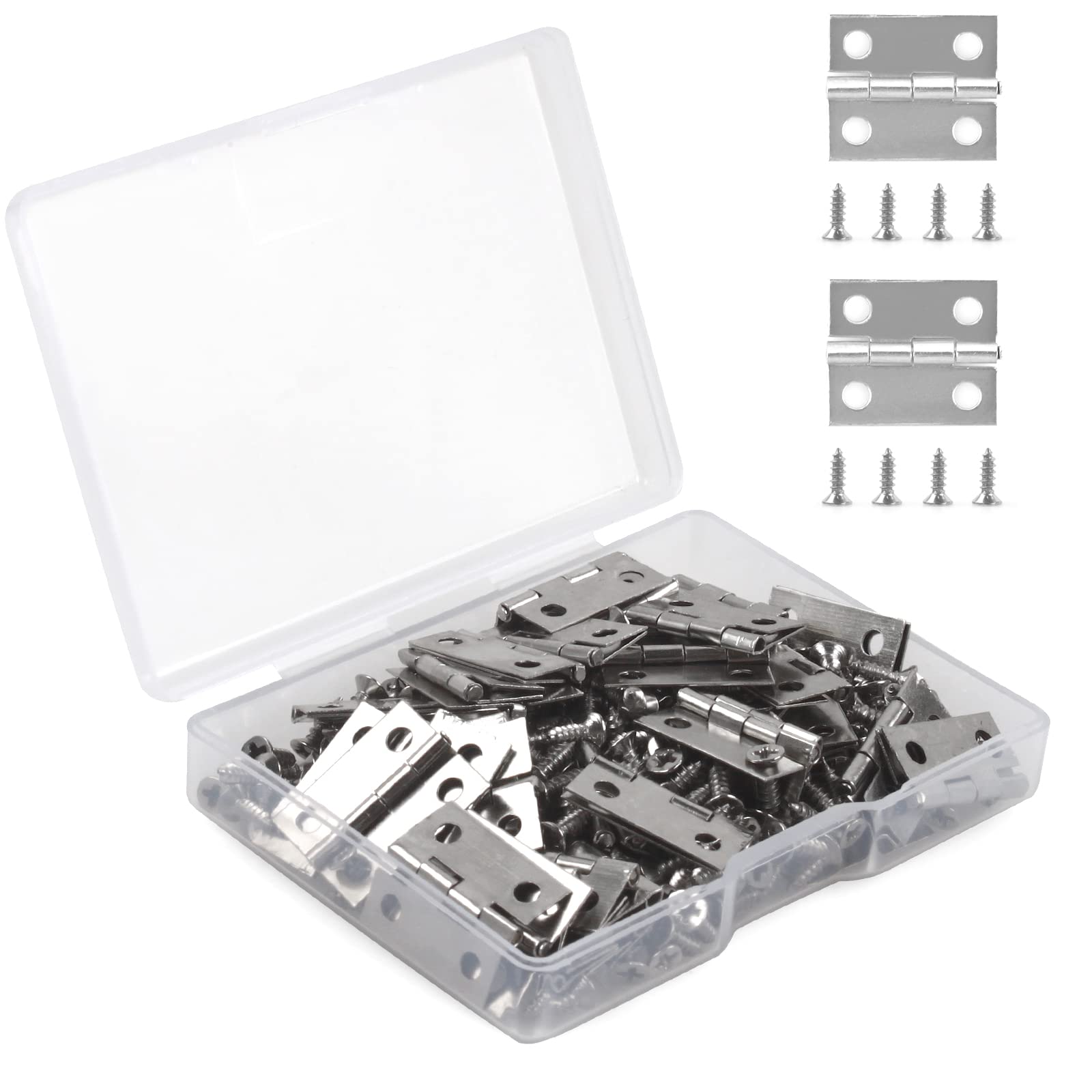 VIPMOON Small Hinges Set, 50Pcs Mini Hinges with 200Pcs 7mm Screws, 18 x 15mm Small Cabinet Hinge, Suitable for Jewelry Box, Cabinet, DIY Crafts (Silver)