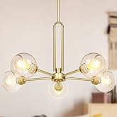 Yolsunes Globe Chandelier Pendant Lighting, Gold Modern Large Semi-Flush Ceiling Light Fixture with Clear Glass, 5-Light Sput