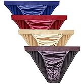 MIERSIDE Men's Satin Stretch Support Wide Waistband Satin Briefs Thong G-string 4 Pcs/pack