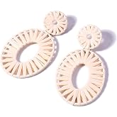 Statement Raffia Oval Dangle Drop Earrings Boho Fun Summer Beach Jewelry | Colorful Chunky Dangly Geometric Accessories Unique Trendy Fashion Large Vacation Tropical Hawaiian Outfits for Women