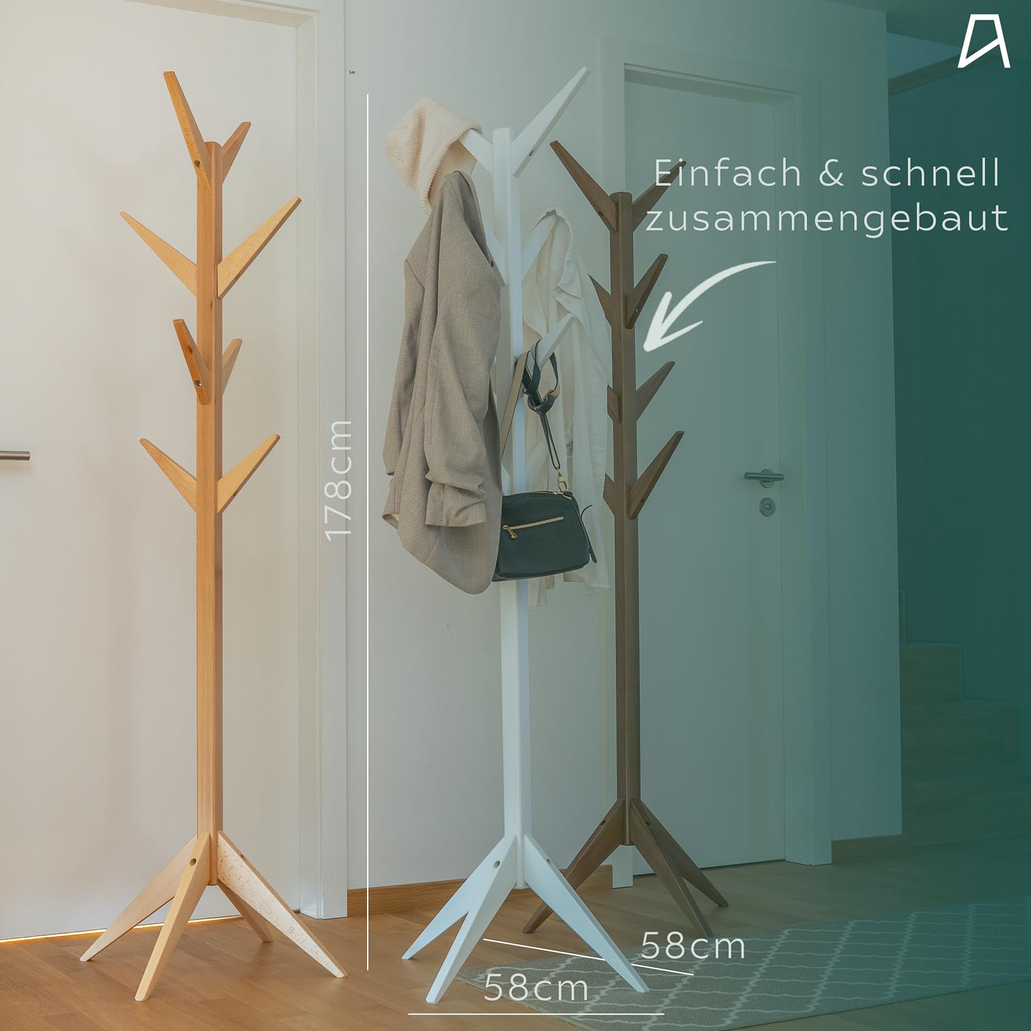 Staboos Massiver Garderobenständer Holz - Buchenholz Baum Garderobe mit Werkzeug - Jackenständer als Äste Garderobe - Standgarderobe (Nussbaum) 5