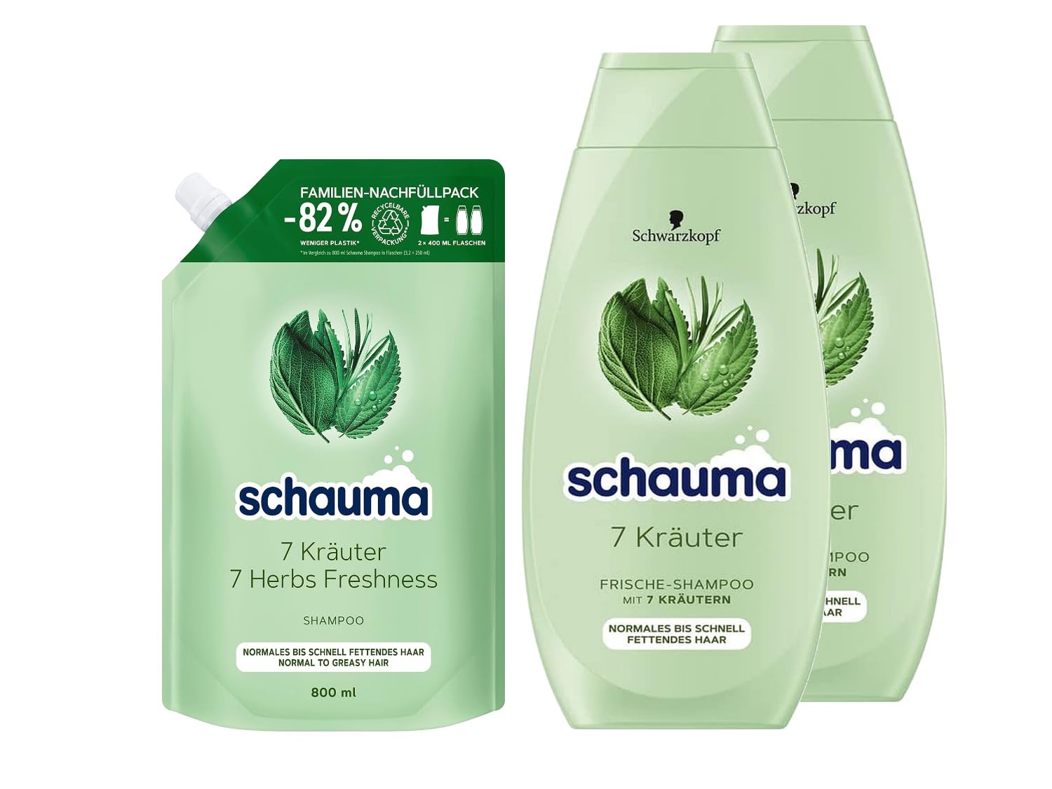 Schauma Shampoo 7 Herbal Refill Pack (1 x 800 ml) Fresh Shampoo for Normal to Fast Greasy Hair & Shampoo (2 x 400 ml) Gives the Hair Structure a Light Freshness