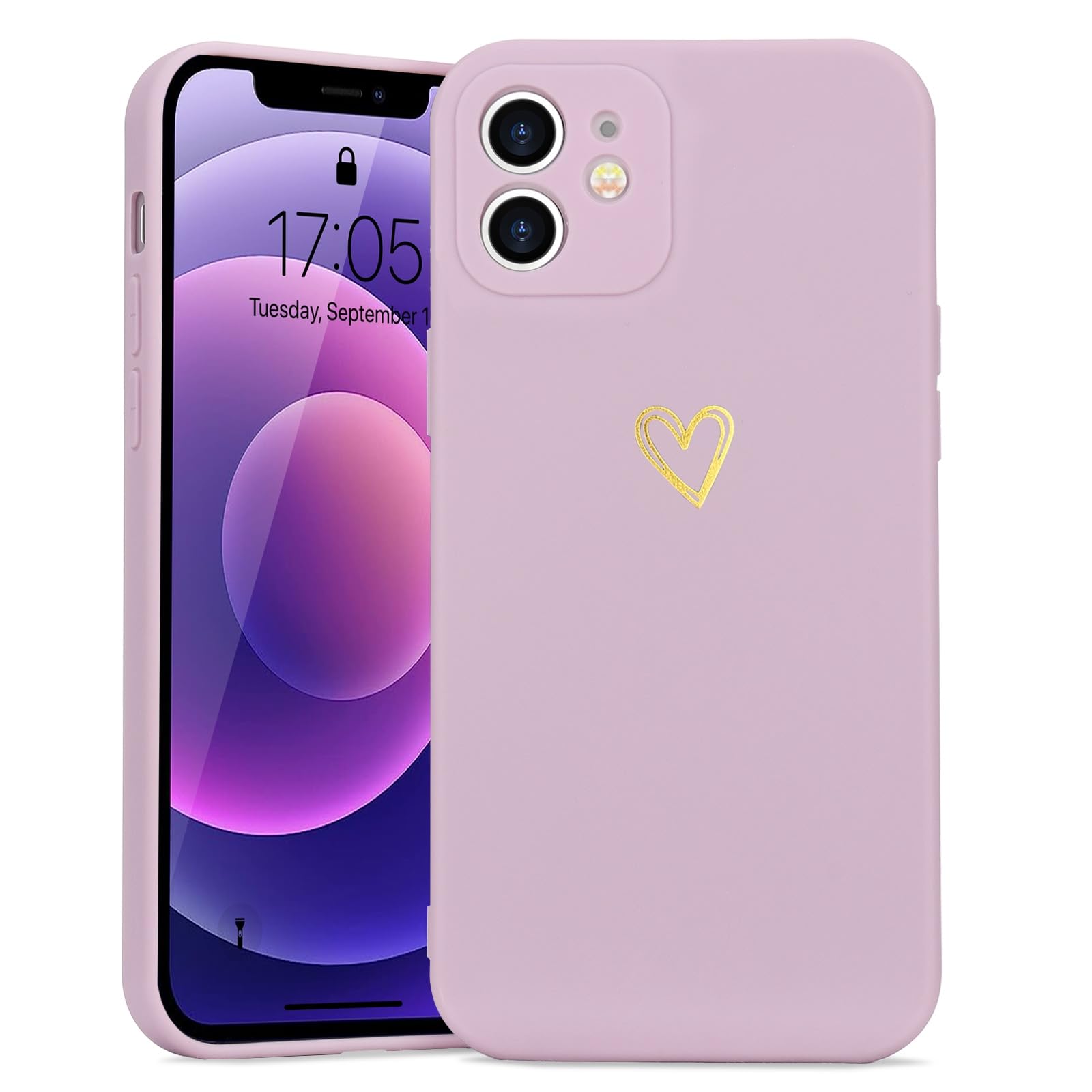 Wirvyuer for iPhone 12 Phone Case with Cute Heart Pattern Soft Shockproof Protective Silicone Case for Women Girls, Purple — image 1