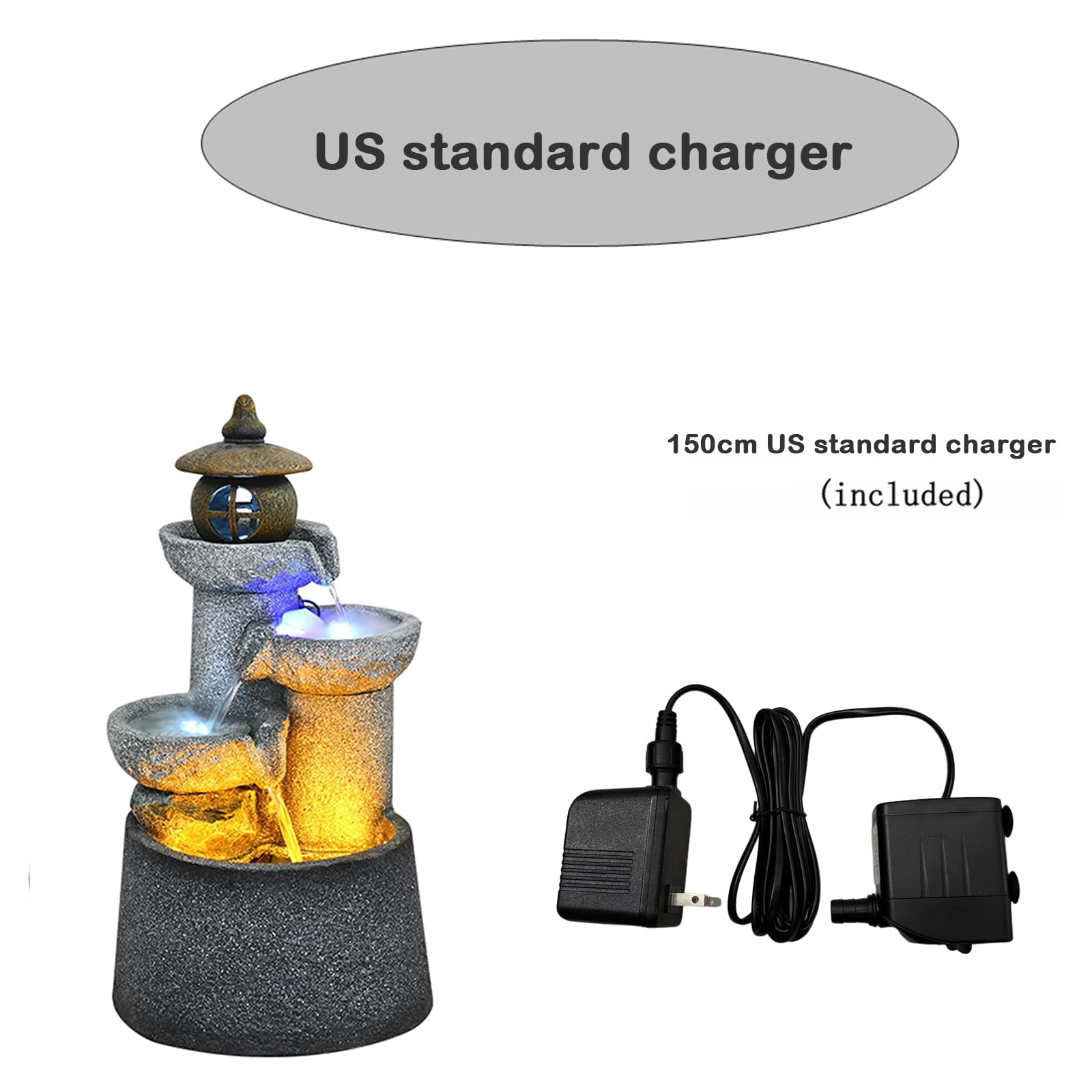 Qingyignge 27” H Modern Outdoor Fountain 2 Crocks Outdoor Garden Fountains LED Light for Garden, Patio, Deck, Porch, Backyard and Home Art Decor