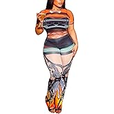 LXUAMR Two Piece Sets for Women See Through Print Mesh Short Sleeve Crop Top High Waisted Flare Pants Set Going Out Outfits