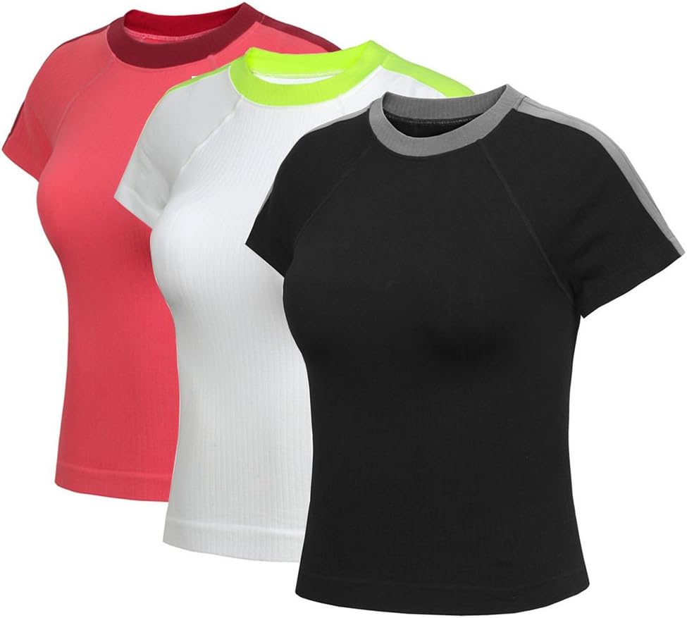 Ahmagen Women's Compression Workout Athletic Shirts Cropped Short Sleeve Moisture Wicking Top