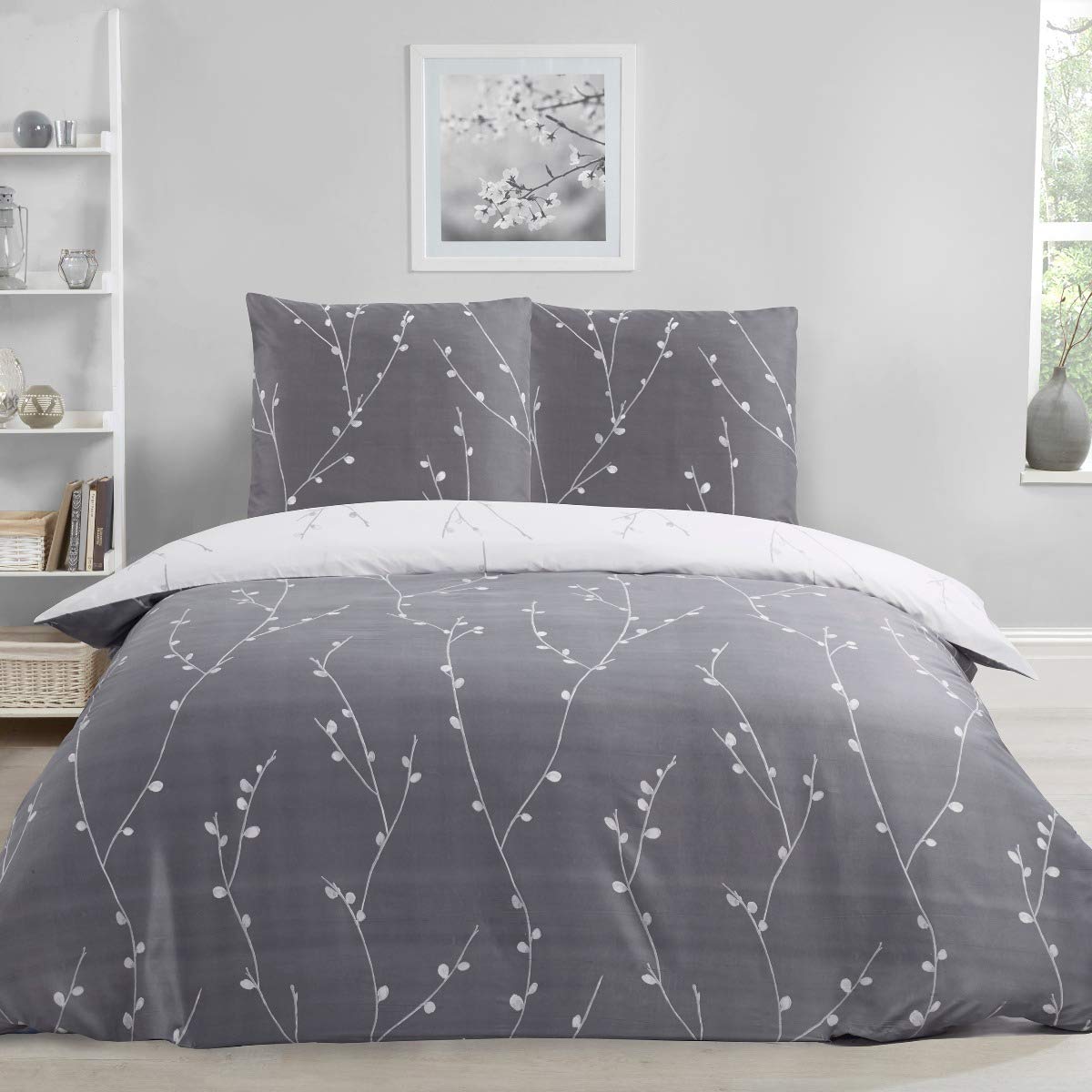 Sleepdown Willow Floral Grey Ultra Soft Easy Care Hypoallergenic Printed White Reversible Duvet Cover Quilt Bedding Set - 135cm x 200cm + 1 Pillowcase 80cm x 80cm