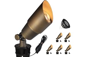 COLOER Brass Landscape Spotlights, 6 Pack Spot Lights Outdoor with 5W Aluminum Housing MR16 LED Bulb 2700K 450LM, 12V AC/DC Low Voltage Outdoor Lighting for Yard, Uplight for Garden and Patio(101B)