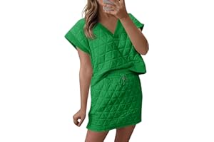 Fisoew Womens Argyle 2 Piece Outfits Skirt Sets Short Sleeve V Neck Tops and Casual Mini Skirts Lounge Sets