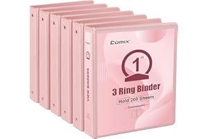 COMIX Standard 3 Ring Binder 1 inch with Clear View Cover, 1" Round Ring View Binder Holds 200 Sheets of US Letter Size Paper for School Office Supplies, 6 Pack (Pink)