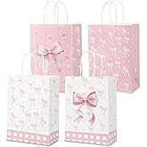 HIKIMA 24 Pcs Pink Bow Gift Paper Bags, Bow themed Goodie Bag, Bags with Handles for Woman Girls Pink Party Tea Bridal Engagement Party Supplies