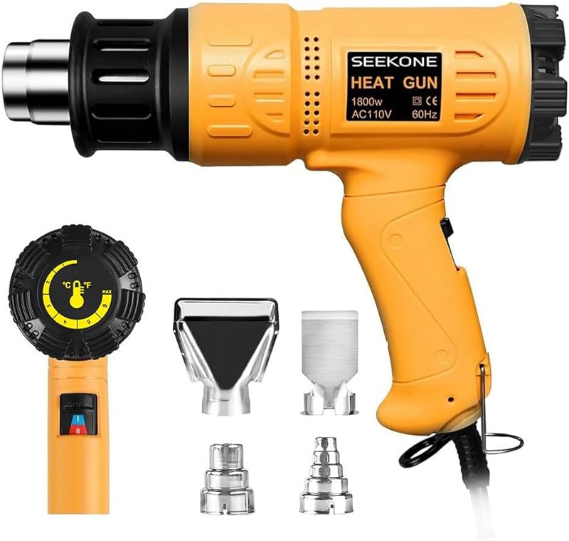 SEEKONE Heat Gun 1800W 122℉-1202℉(50℃- 650℃)Fast Heating Heavy Duty Hot Air Gun Kit Variable Temperature Control Overheat Protection with 4 Nozzles for Crafts, Shrinking PVC, Stripping Paint(5.2FT)