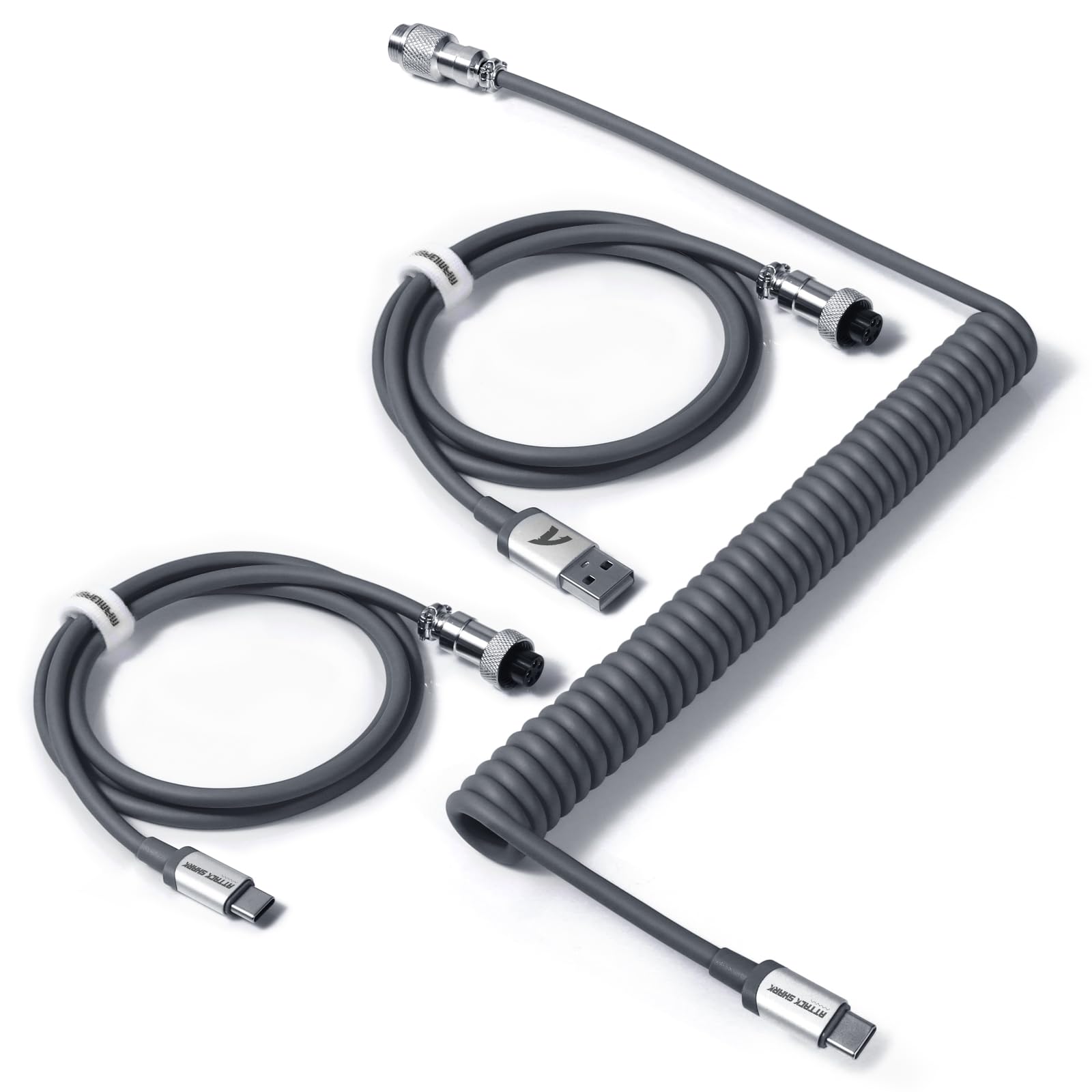 Coiled Keyboard Cable for Gaming Custom Keyboard,Double-Sleeved Coiled USB C Cable with Detachable Metal Aviator,USB A To Type C&Type C To Type C for Mechanical Keybaord,Printer,Phone,Ipad,Xbox-Grey