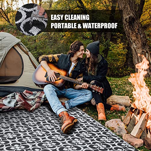 HUGEAR Outdoor Rug, Large Waterproof Outdoor Area Rug, Reversible Portable Outdoor Plastic Straw Carpet for RV Deck Camping Front Door Indoor Outside Porch Picnic (5x8ft Clover Black&White)