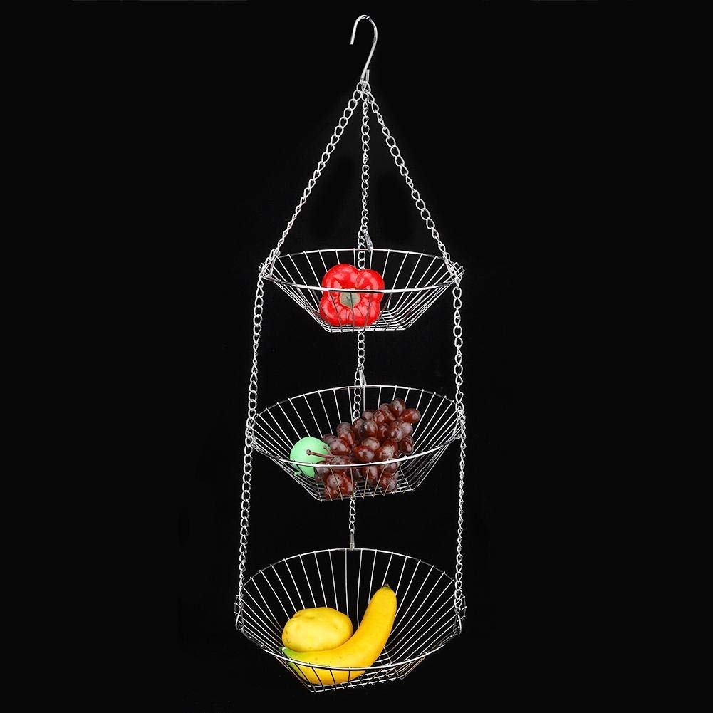 Duokon 3 Layers Fruit Bowl - Stainless Steel Hanging Fruit Vegetable Flower Basket Storage Holder - Keeps Fruits and Veg Fresh