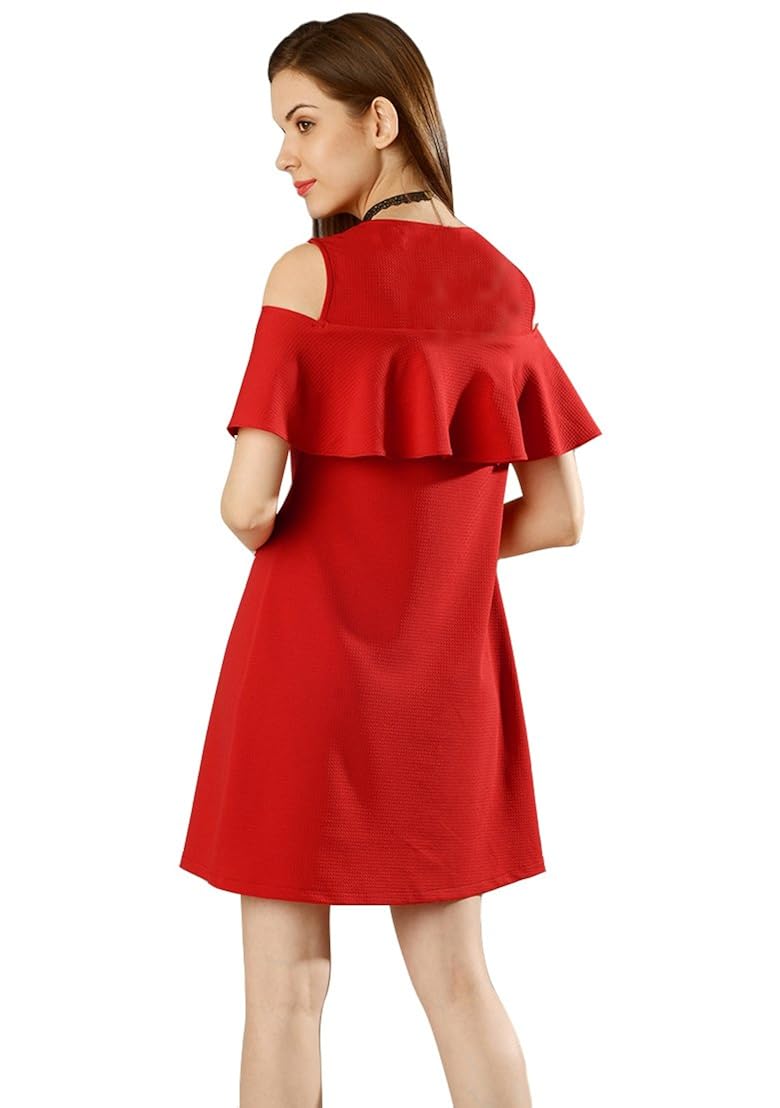 aashish garments women's red cold shoulder ruffle dress