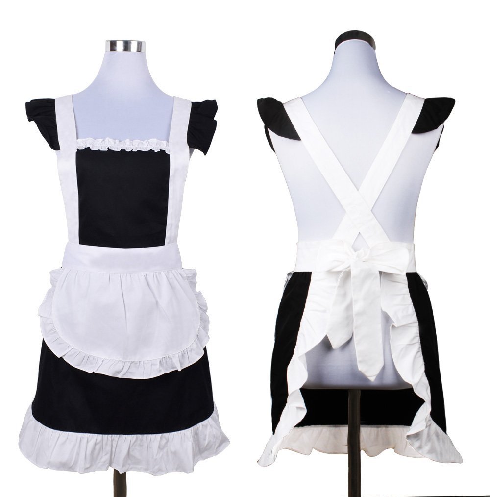 Love Potato Cute Sweet Retro Frilly Aprons for Girl Women's Kitchen Cooking Cleaning Maid Costume with Pocket (Black and White)