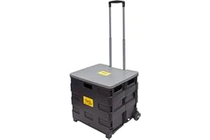 dbest products Quik Cart Collapsible Rolling Crate on Wheels for Teachers Tote Basket 80 lbs Capacity, Made from Heavy Duty Plastic and Used as a Seat, Grey